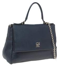 Pre Owned Carolina Herrera Navy Blue Leather Minuetto Flap Top Handle Bag