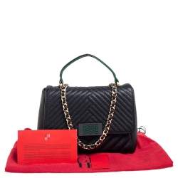 Pre Owned CH Carolina Herrera Black Chevron Leather Chain Flap Shoulder Bag