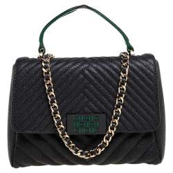 Pre Owned CH Carolina Herrera Black Chevron Leather Chain Flap Shoulder Bag