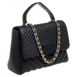 Pre Owned CH Carolina Herrera Black Chevron Leather Chain Flap Shoulder Bag