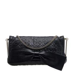Carolina Herrera Black Embossed Leather Audrey Bow Flap Shoulder Bag