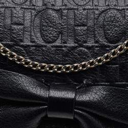 Carolina Herrera Black Embossed Leather Audrey Bow Flap Shoulder Bag