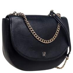 Pre Owned CH Carolina Herrera Navy Blue Leather Chain Flap Shoulder Bag