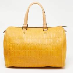Pre Owned CH Carolina Herrera Mustard Monogram Embossed Leather Large Andy Boston Bag