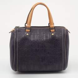 Pre Owned CH Carolina Herrera Dark Purple/Brown Monogram Embossed Leather Andy Boston Bag