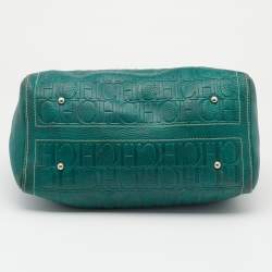 Pre Owned CH Carolina Herrera Green/Brown Monogram Embossed Leather Andy Boston Bag