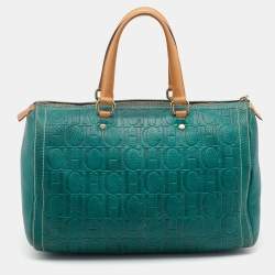Pre Owned CH Carolina Herrera Green/Brown Monogram Embossed Leather Andy Boston Bag