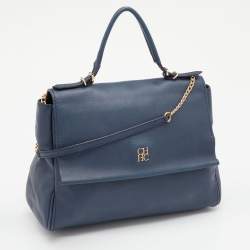Pre Owned CH Carolina Herrera Navy Blue Leather Minuetto Top Handle Bag