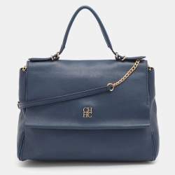 Pre Owned CH Carolina Herrera Navy Blue Leather Minuetto Top Handle Bag