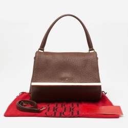 Pre Owned CH Carolina Herrera Dark Brown Leather Metal Flap Top Handle Bag
