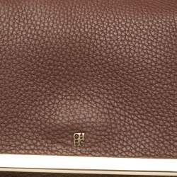 Pre Owned CH Carolina Herrera Dark Brown Leather Metal Flap Top Handle Bag