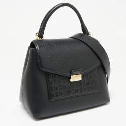 CH Carolina Herrera Black Monogram Embossed Leather Flap Top Handle Bag