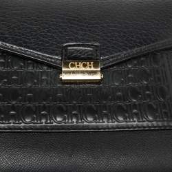 CH Carolina Herrera Black Monogram Embossed Leather Flap Top Handle Bag