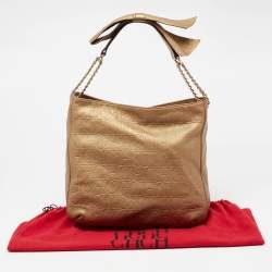 Pre Owned CH Carolina Herrera Metallic Gold Embossed Leather Chain Bow Hobo