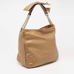 Pre Owned CH Carolina Herrera Metallic Gold Embossed Leather Chain Bow Hobo