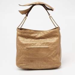 Pre Owned CH Carolina Herrera Metallic Gold Embossed Leather Chain Bow Hobo
