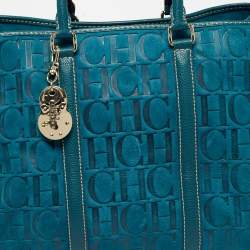 مملوكة مسبقًا CH Carolina Herrera Teal Blue Monogram Embossed Leather Matteo Tote