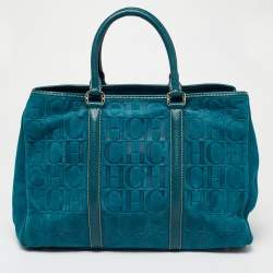 مملوكة مسبقًا CH Carolina Herrera Teal Blue Monogram Embossed Leather Matteo Tote