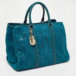 مملوكة مسبقًا CH Carolina Herrera Teal Blue Monogram Embossed Leather Matteo Tote
