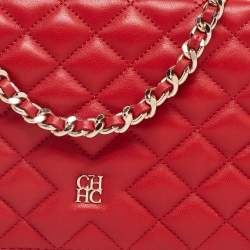 Pre Owned حقيبة كتف سي أتش هيريرا جلد مبطن أحمر بقلاب وسلسلة