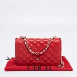 Pre Owned حقيبة كتف سي أتش هيريرا جلد مبطن أحمر بقلاب وسلسلة