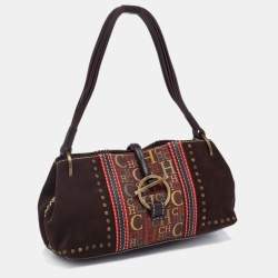 Pre Owned CH Carolina Herrera Dark Brown Monogram Canvas, Suede and Leather Studded Baguette Bag