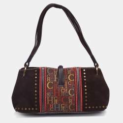 Pre Owned CH Carolina Herrera Dark Brown Monogram Canvas, Suede and Leather Studded Baguette Bag
