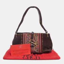 Pre Owned CH Carolina Herrera Dark Brown Monogram Canvas, Suede and Leather Studded Baguette Bag