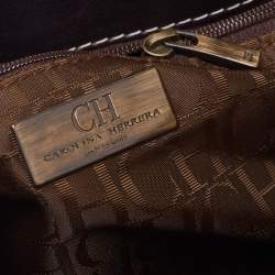 Pre Owned CH Carolina Herrera Dark Brown Monogram Canvas, Suede and Leather Studded Baguette Bag