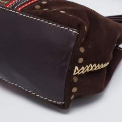 Pre Owned CH Carolina Herrera Dark Brown Monogram Canvas, Suede and Leather Studded Baguette Bag