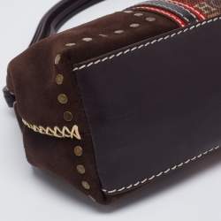 Pre Owned CH Carolina Herrera Dark Brown Monogram Canvas, Suede and Leather Studded Baguette Bag