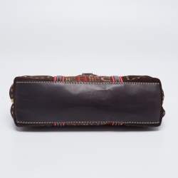Pre Owned CH Carolina Herrera Dark Brown Monogram Canvas, Suede and Leather Studded Baguette Bag