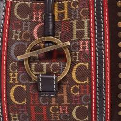 Pre Owned CH Carolina Herrera Dark Brown Monogram Canvas, Suede and Leather Studded Baguette Bag