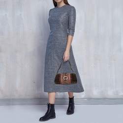 Pre Owned CH Carolina Herrera Dark Brown Monogram Canvas, Suede and Leather Studded Baguette Bag