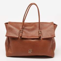Pre Owned CH Carolina Herrera Brown Leather Flap Tote
