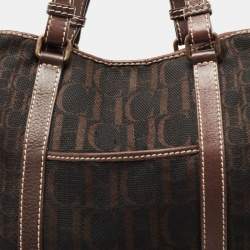 Pre Owned حقيبة يد توتس سي أتش كارولينا هيريرا جلد وكانفاس مونوغرامي بني غامق بجيب أمامي 