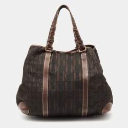 Pre Owned حقيبة يد توتس سي أتش كارولينا هيريرا جلد وكانفاس مونوغرامي بني غامق بجيب أمامي 