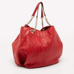 Pre Owned CH Carolina Herrera Red Monogram Embossed Leather Chain Hobo