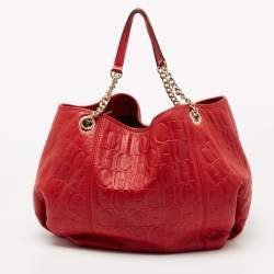 Pre Owned CH Carolina Herrera Red Monogram Embossed Leather Chain Hobo