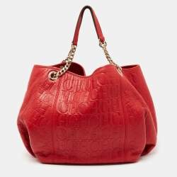 Pre Owned CH Carolina Herrera Red Monogram Embossed Leather Chain Hobo