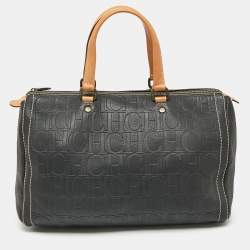 Pre Owned CH Carolina Herrera Dark Grey Monogram Embossed Leather Large Andy Boston Bag
