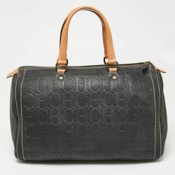 Pre Owned CH Carolina Herrera Dark Grey Monogram Embossed Leather Large Andy Boston Bag