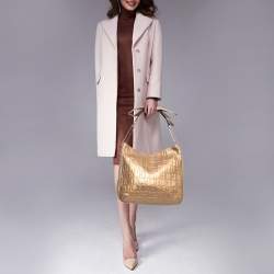 Pre Owned CH Carolina Herrera Metallic Gold Embossed Leather Chain Bow Hobo