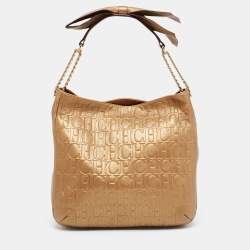 Pre Owned CH Carolina Herrera Metallic Gold Embossed Leather Chain Bow Hobo