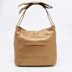 Pre Owned CH Carolina Herrera Metallic Gold Embossed Leather Chain Bow Hobo