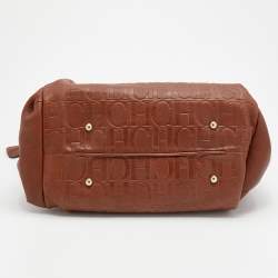 Pre Owned CH Carolina Herrera Brown Monogram Embossed Leather Chain Tote 