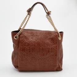 Pre Owned CH Carolina Herrera Brown Monogram Embossed Leather Chain Tote 