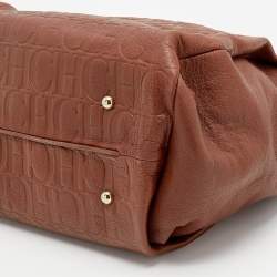 Pre Owned CH Carolina Herrera Brown Monogram Embossed Leather Chain Tote 
