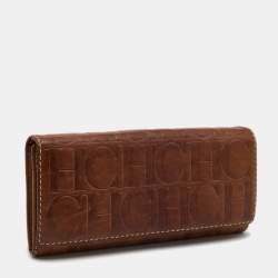Pre Owned CH Carolina Herrera Brown Monogram Leather Flap Continental Wallet