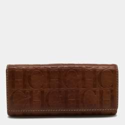 Pre Owned CH Carolina Herrera Brown Monogram Leather Flap Continental Wallet